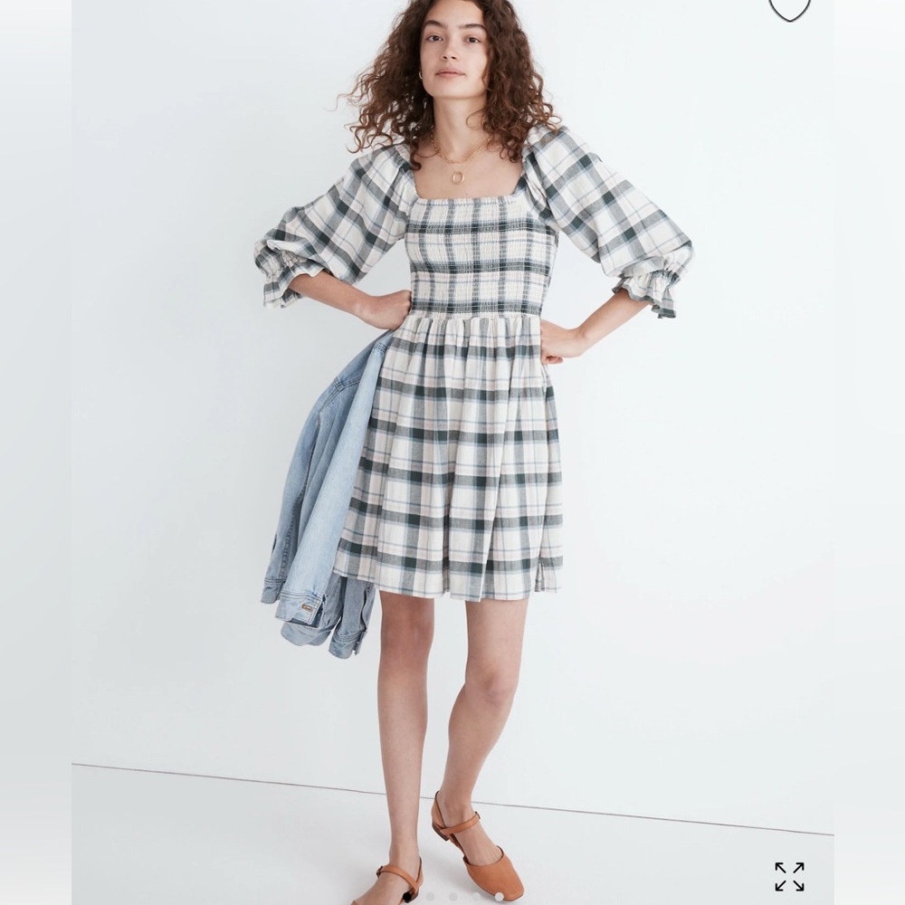 Madewell Lucie Elbow-Sleeve Smocked Mini Dress in Lebaum Plaid Size Medium